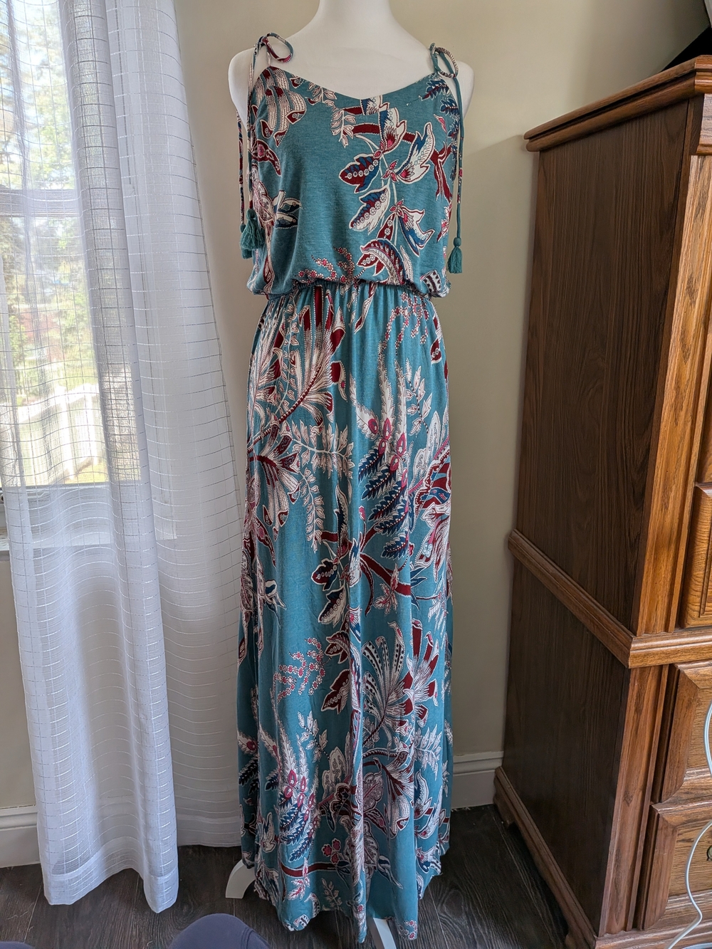 LOFT Teal Floral Maxi Dress with Tie-Strap Shoulders